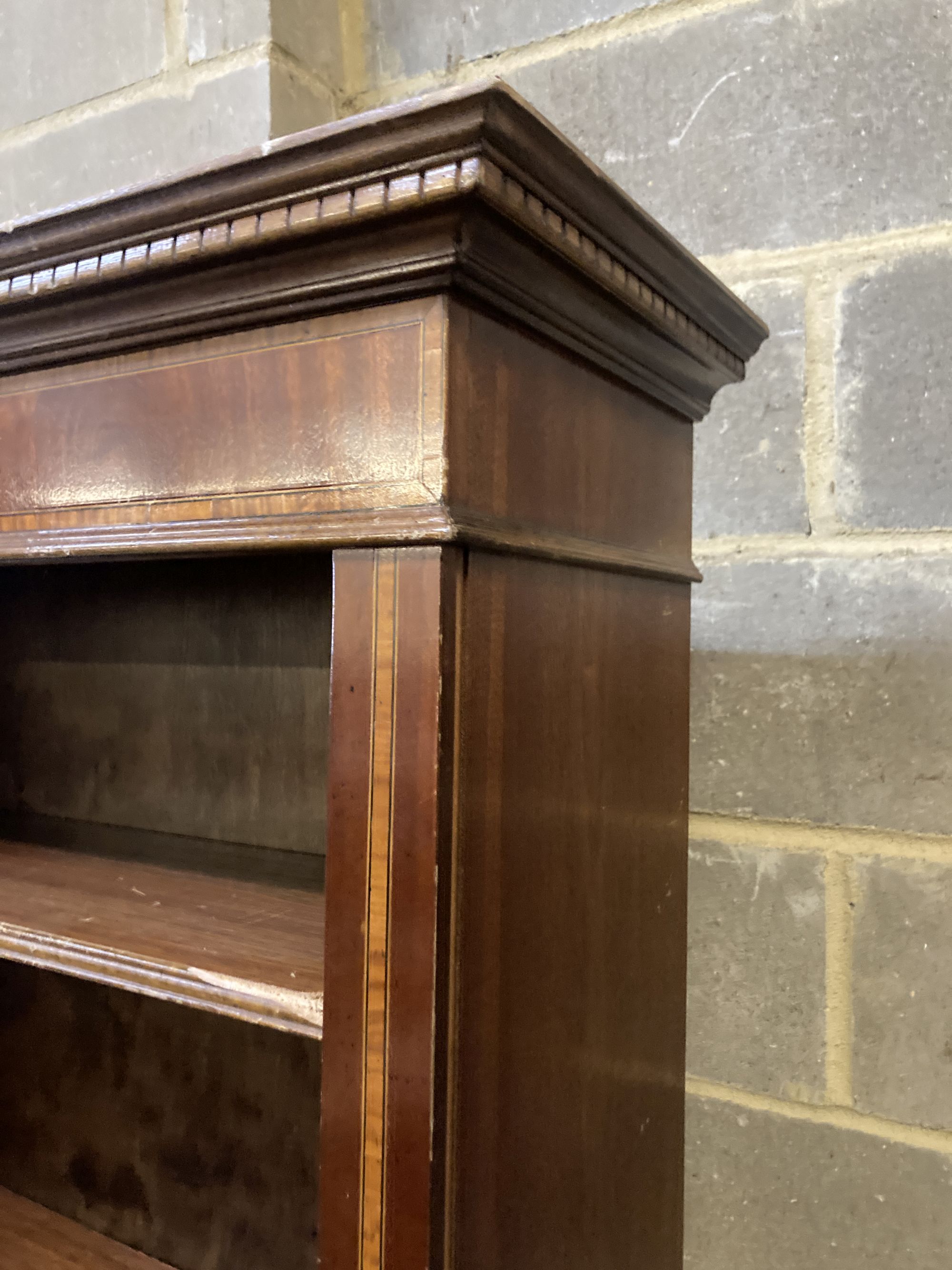 An Edwardian style satinwood banded mahogany open bookcase, length 104cm, depth 35cm, height 199cm